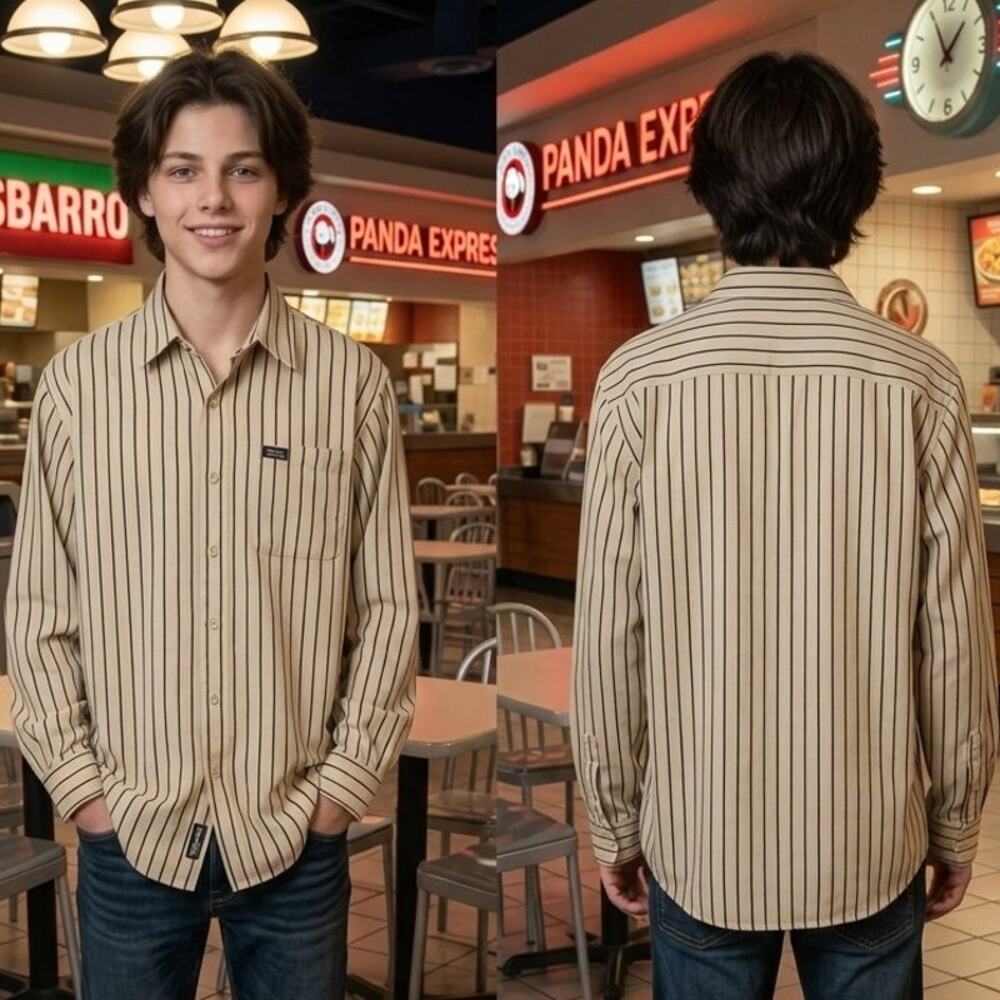 Y2K Fubu Striped Long Sleeve Button Up Shirt Boys XL 18 20 42 Chest Tan Vintage